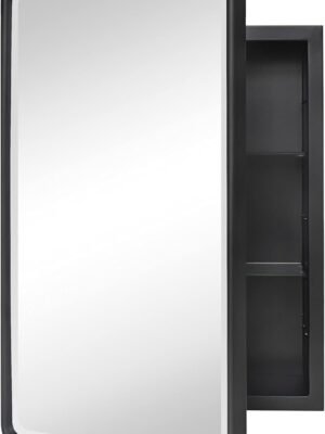 TEHOME Farmhouse Black Metal Framed Recessed Bathroom Medicine Cabinet with Beveled Mirror Rounded Rectangle Bathroom Medicine Cabinet 16x24 inch
