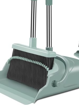 kelamayi Upgrade Broom and Dustpan Set, Large Size and with Long Handle, Upright,Ideal for Indoor Outdoor Garage Kitchen Room Office Lobby Use (Green)