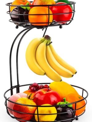 Auledio Iron 2-Tier Countertop Fruit Vegetables Basket Bowl Storage With Banana Hanger, Black, 64 ounces