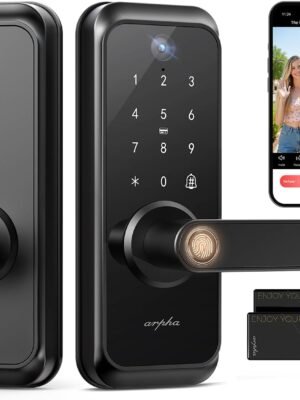WiFi Video Smart Lock with Camera & Handle - 6-in-1 Keyless Entry (Fingerprint/App/Keypad/FOB/Key), Electric Deadbolt Door Knob for Front, Built-in WiFi, 2-Way Audio, Auto-Lock, Waterproof - Black