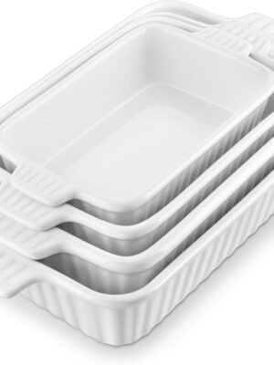 MALACASA Casserole Dishes for Oven, Porcelain Baking Dishes, Ceramic Bakeware Sets of 4, Rectangular Lasagna Pans Deep with Handles for Baking Cake Kitchen, White (9.4"/11.1"/12.2"/14.7"), Series