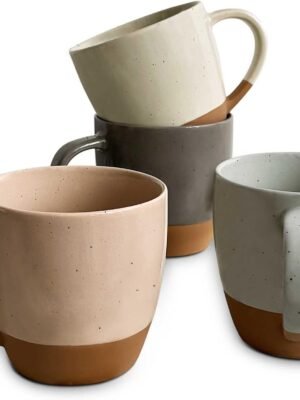 Mora Ceramic Large Latte Mug Set of 4, 16oz - Microwavable, Porcelain Coffee Cups With Big Handle - Modern, Boho, Unique Style For Any Kitchen. Microwave Safe Stoneware - Assorted Neutrals