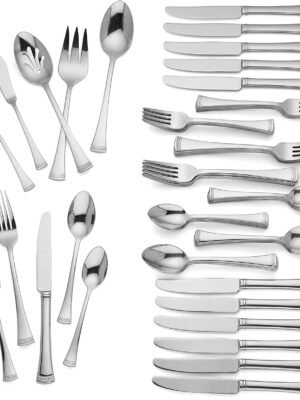 Lenox Silverware Set For 12, Portola 65-Piece Flatware Set with Serving Utensils, Service For 12, 18/10 Stainless Steel Flatware, Dishwasher Safe, Knives Spoons and Forks (Silver, 65 pieces)