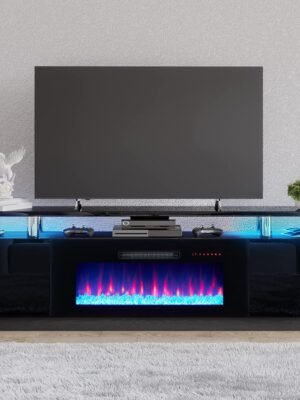 AMERLIFE Fireplace TV Stand with 36" Fireplace, 70" Modern Fireplace Entertainment Center LED Lights, 2 Tier TV Console Cabinet for TVs Up to 80", Obsidian Black