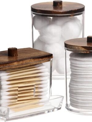 Tbestmax Qtips Holder Bathroom Container, 10 OZ Cotton Ball/Swabs Dispenser, Apothecary Jar Organizer for Storage Brown Wood Lids