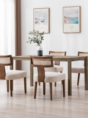 Rattan Dining Chairs Set of 4, Mid Century Modern Dining Chair Upholstered Linen Fabric Kitchen Side Chair, Modern Kitchen Armless Solid Wood Dining Chairs, Beige