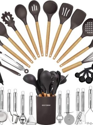 Cooking Utensils Set- 35 PCs Kitchen Utensils with Grater,Tongs, Spoon Spatula &Turner Made of Heat Resistant Food Grade Silicone and Wooden Handles Kitchen Gadgets Tools Set for Cookware