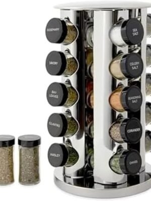 Kamenstein 20 Jar Revolving Countertop Spice Rack with Spices Included, FREE Spice Refills for 5 Years, Polished Stainless Steel with Black Caps, 30020