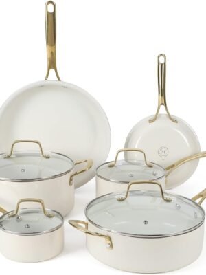 Martha Stewart Lockton Premium Non stick Non Toxic PFA Free Ceramic Interior 10 Piece Heavy Gauge Enamel Aluminum Pots and Pans Cookware Set - Linen White w/Gold Handle