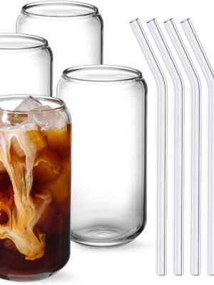 NETANY Drinking Glasses with Glass Straw 4pcs Set - 16oz Highball Glass Cups, Beer Glasses, Iced Coffee Glasses, Cute Tumbler Cup, Ideal for Whiskey, Soda, Tea, Water, Gift, 2 Brushes