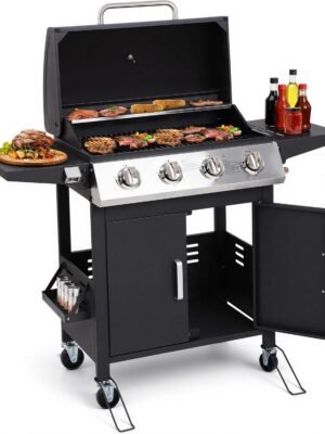 HUGROVE 4-Burner Propane Gas BBQ Grill, Upgraded 40,000 BTU Stainless Steel Barbecue Grill with Foldable Side Tables, Spice Rack & Wheels for Outdoor Cooking