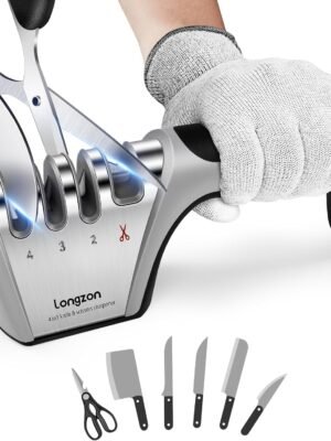 Longzon 4-in-1 Knife Sharpener [4 Stage] with a Pair of Cut-Resistant Glove, Original Premium Polish Blades, Best Kitchen Knife Sharpener Really Works for Fruit Knife and Steel Knives, Scissors