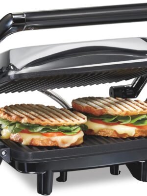 Hamilton Beach Panini Press Sandwich Maker & Electric Indoor Grill with Locking Lid, Opens Wide to Fit Any Thickness for Quesadillas, Burgers & More, Nonstick 8" x 10" Grids, Chrome (25460AG)