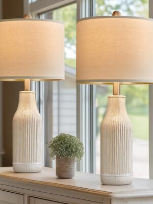 23.75 inches Modern Ceramic Table Lamp Set of 2 for Living Room, Farmhouse Bedside Nightstand Lamp for Bedroom Home Office Dorm