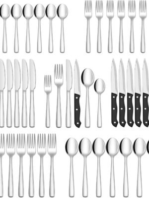 HIWARE 48-Piece Silverware Set with Steak Knives for 8, 18/8 Stainless Steel Flatware Cutlery Set For Home Kitchen Restaurant Hotel, Kitchen Utensils Set, Mirror Polished, Dishwasher Safe