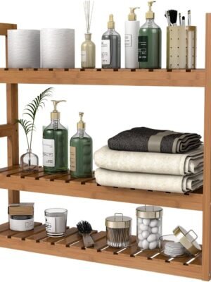 Domax Bamboo Bathroom Shelf 3-Tier Wall Mount Storage Rack Multifunctional Adjustable Layer Free Standing Over Toilet Utility Shelves Living Room Kitchen (Walnut)