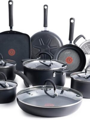 T-fal Ultimate Hard Anodized Nonstick Cookware Set 14 Piece, Oven Broiler Safe 400F, Lid Safe 350F, Kitchen Cooking Set w/Fry Pans, Saucepans, Griddle, Dutch Oven, Pots & Pans, Dishwasher Safe, Black