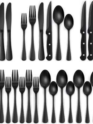 EWFEN 24-Piece Silverware Set with Steak Knives, Food-Grade Stainless Steel Tableware Cutlery Set for 4, Mirror Finished Flatware Utensil for Home Restaurant Black