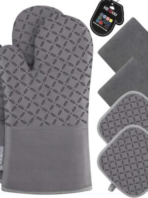 KEGOUU Oven Mitts and Pot Holders 6pcs Set, Kitchen Oven Glove High Heat Resistant 500 Degree Extra Long Oven Mitts and Potholder with Non-Slip Silicone Surface for Cooking (Grey)