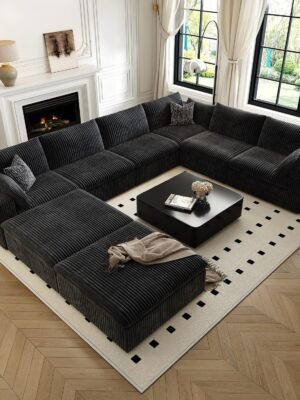 157.5" Cloud Couch Oversized Modular Sectional Sofa for Living Room,Modern Sofa with Deep Seat，8 Seater Boneless Couch with 2 Ottoman,Comfy Upholstered Couches for Apartment, Studio, Office,Black