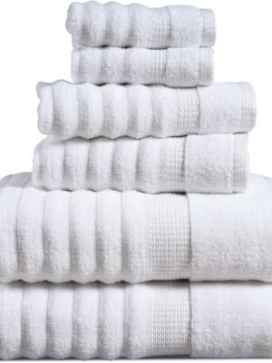 LANE LINEN White Bath Towels Set of 6-100% Cotton Towels for Bathroom, Hotel & Spa - Zero Twist, Premium Quality, Soft, Absorbent, Ribbed Bathroom Towel Set - Includes 2 Bath, 2 Hand & 2 Washcloths