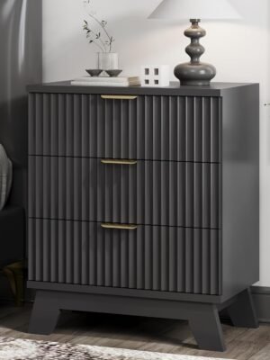 Fluted Nightstand, 24" Wide Side Table with 3 Large Storage Drawers, Mid Century Modern Wood Night Stand with Metal Handle, Wooden Bedside End Table for Bedroom, Living Room, Closet, Black