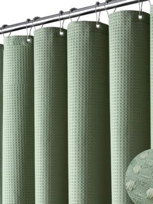 Dynamene Sage Green Shower Curtain - Waffle Textured Heavy Duty Thick Fabric Shower Curtains for Bathroom, 256GSM Luxury Weighted Polyester Cloth Bath Curtain Set with 12 Plastic Hooks，72Wx72H,Green