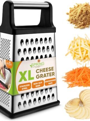 Spring Chef Professional Cheese Grater - Stainless Steel, XL Size, 4 Sides - Perfect Box Grater for Parmesan Cheese, Vegetables, Ginger - Dishwasher Safe - Black