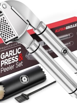 Alpha Grillers Garlic Press Stainless Steel - Easy to Clean, Rust-Proof, Dishwasher Safe - Stainless Steel Garlic Press, Mincer, Crusher with Silicone Peeler & Cleaning Brush