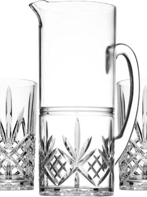 Godinger Pitcher and Highball Drinking Glasses Set, Acrylic Shatterproof Water Jug Pitcher with Tall Drinking Cups - Dublin Collection