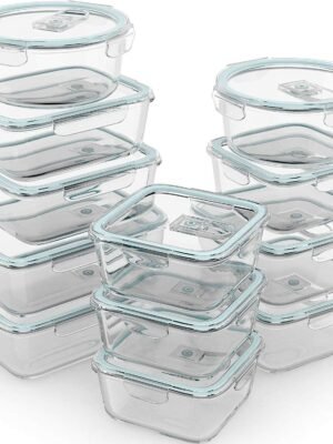 Razab 24 Pc Airtight Glass Food Storage Containers - Glass Meal Prep Containers - Freezer to Oven Safe - Steam Release Valve BPA Free - Airtight Bento Boxes - Leak Proof (12 lids & 12 Containers)