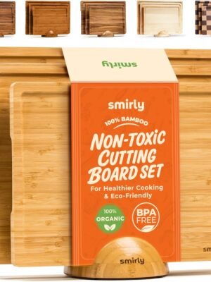 SMIRLY Wooden Cutting Boards For Kitchen Meal Prep & Serving - Bamboo Cutting Board Set with Holder, Charcuterie & Chopping Board, Wood Cutting Board Set, Kitchen Gadgets