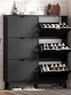 Shoe Cabinet Storage for Entryway with 6 Flip Drawers, Fluted Narrow Shoe Organizer with Wooden Legs, Freestanding Slim Shoe Storage Hidden Shoe Rack Organizer for Front Door Entrance, Black