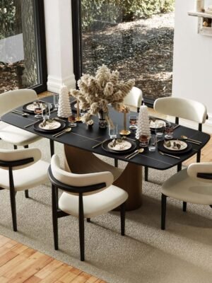 POVISON 71" Modern Dining Table for 6, Matte Black Heavy-Duty Dining Table, Sintered Stone Dining Tabletop with Bronze Carbon Steel Pedestal, 71 inch Rectangle Dining Room Table (Table Only)