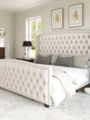 AMERLIFE King Size Platform Bed Frame, Velvet Upholstered Bed with Deep Button Tufted & Nailhead Trim Wingback Headboard/No Box Spring Required/Cream