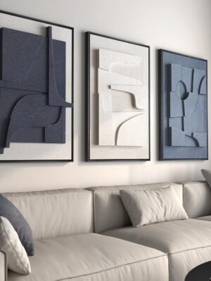 Large 3D Textured Framed Blue and White Abstract Wall Art for Living Room, 3 Piece Modern Artwork for Walls, Minimalist Navy Blue Geometric Paintings for Hallway, Stair, Office Wall Decor 24x36 In