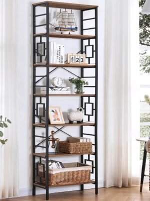 HOMISSUE Tall Bookshelf, 84 Inch Industrial Bookshelf with Metal Frame and Open Shelves, 7 Tier Metal Bookshelves and Bookcases, Rustic Tall Book Shelf for Office, Living Room and Bedroom, Brown
