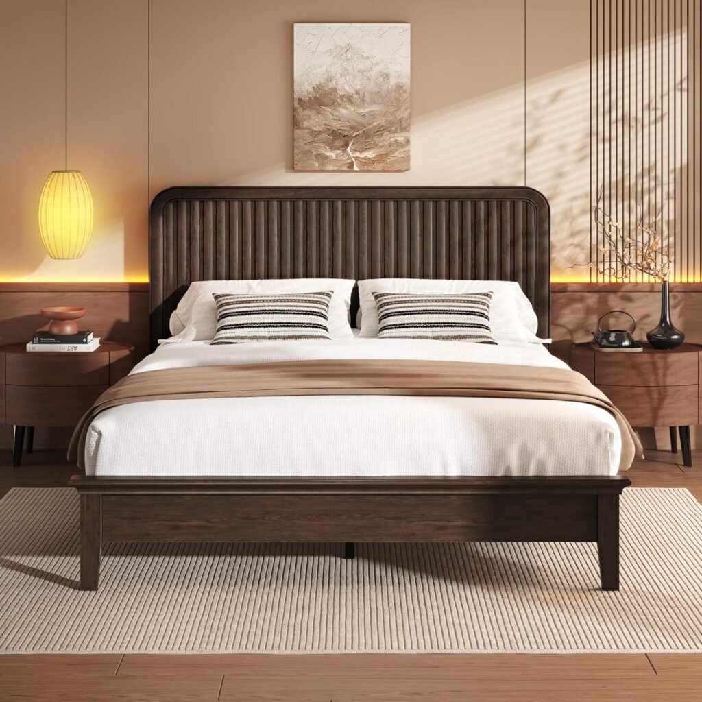 Lifezone Wood Queen Bed, Solid Wood Bed with Flutted Headboard, American Vintage Design, Slats Support, Noise-Free, Sturdy Structure, Easy Assembly, Walnut