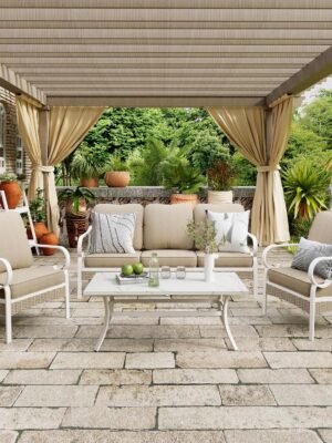 4 Piece Patio Furniture Set, 2 x Fixed Chair, 1 x 3-Seat Sofa with Marbling Coffee Table, All Cushioned 5 Seats Outdoor Conversation Set for Lawn Garden Backyard, Beige