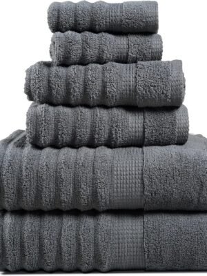 LANE LINEN Bathroom Towels Set - 2 Bath, 2 Hand Towels for Bathroom and 2 Wash Cloths for Body - Highly Absorbent, Soft, Premium 100% Cotton Bath Towel Set for Everyday Use (Set of 6) - Space Grey