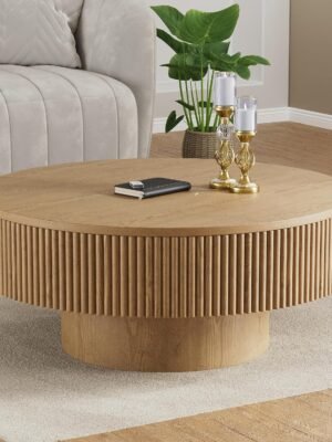 YOUDENOVA 31.5” Round Fluted Coffee Table, Modern Wood Circle Coffee Table, Veneer Handcrafted Relief Tea Table with Sturdy Pedestal for Living Room - Natural
